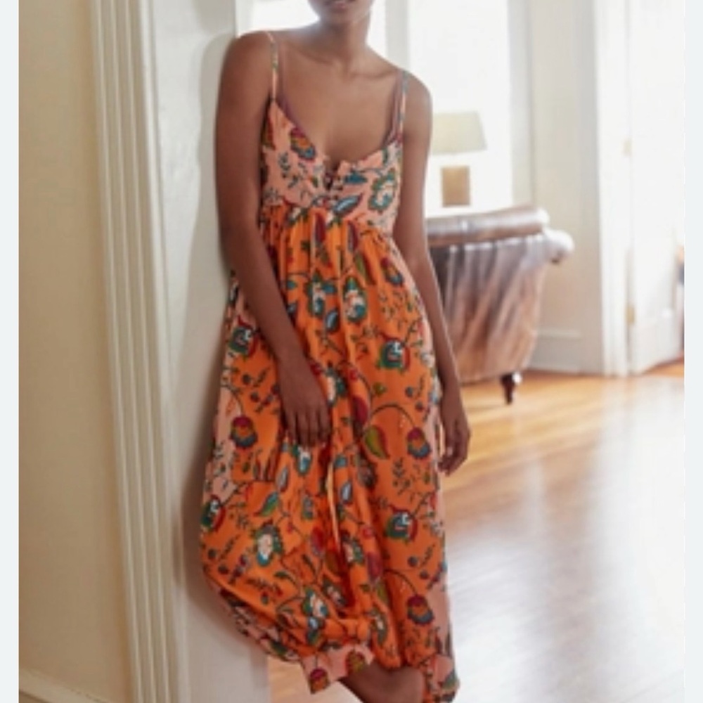 Anthropologie Orange Floral Spaghetti-Strap Midi Jumpsuit